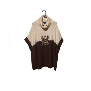 Christmas Sweater Lands End Poncho Wool Alpaca Snowflake Brown S-M Nordic Boho